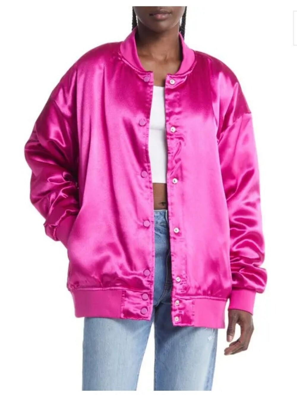 Azalea Wang Oversize Satin Bomber Jacket - Hot Pink